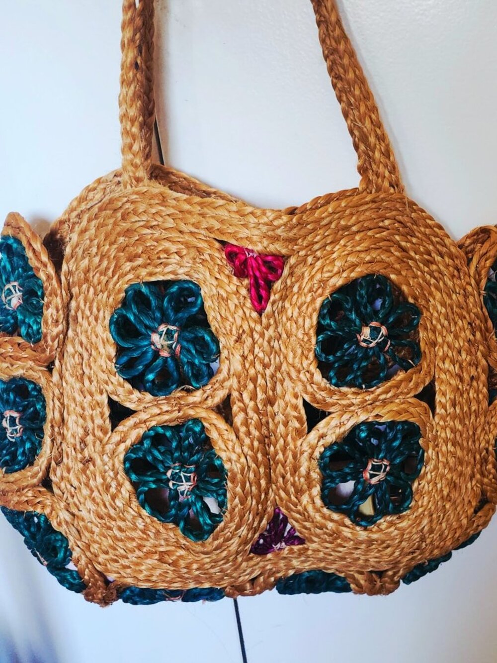 Vintage Handwoven Straw Floral Shoulder Bag | Woven Purse